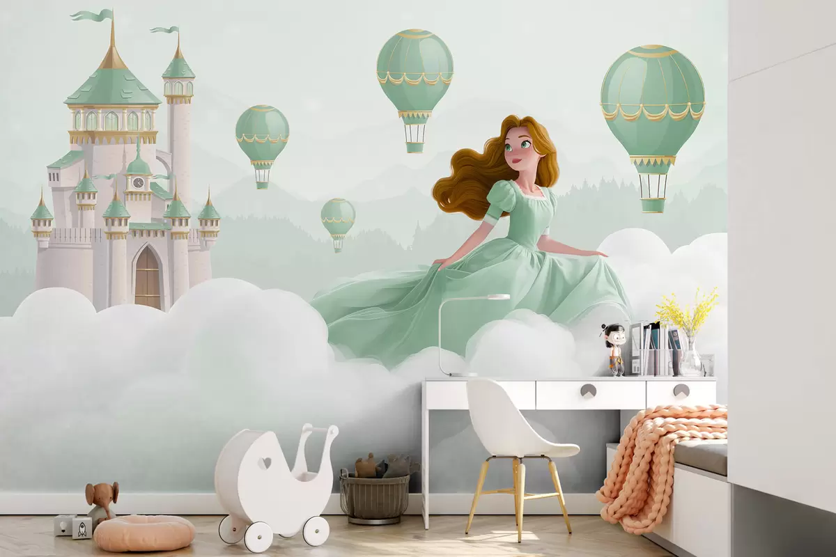 wall murals Принцеза међу облацима на позадини пејзажа са замком w04015v2