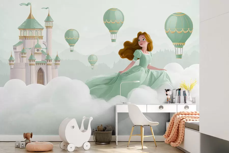 wall murals Принцеза међу облацима на позадини пејзажа са замком w04015v2