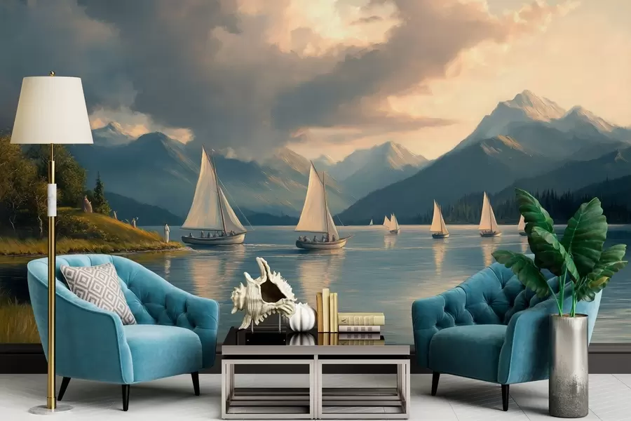 wall murals Регата на језеру са облачним небом у стилу уљане слике из 19. века w04076