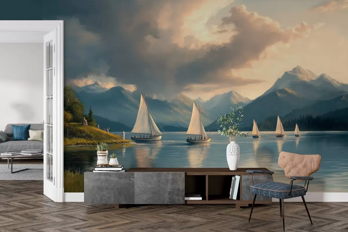 wall murals Регата на језеру са облачним небом у стилу уљане слике из 19. века w04076