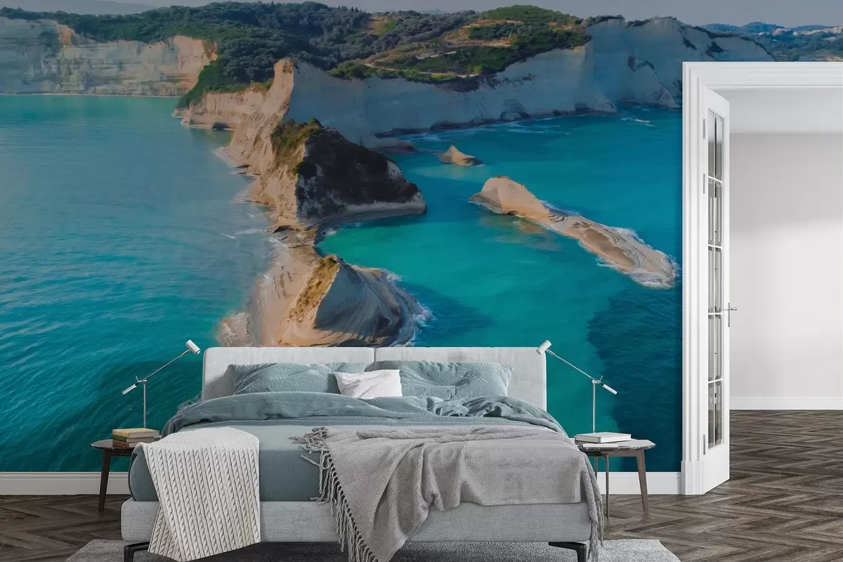 wall murals Грчко острво, текстура у стилу уља, морска обала, аквамарин вода, реализам w04094