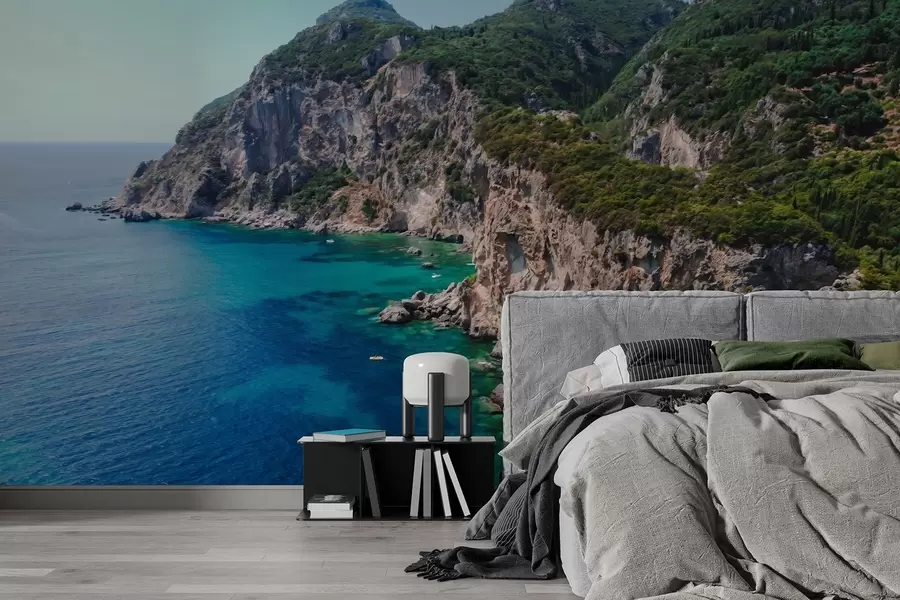 wall murals Стеновите планине близу мора, цртеж уљаним стилом, аквамарин вода w04096