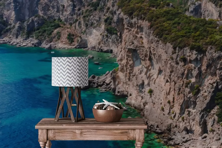 wall murals Стеновите планине близу мора, цртеж уљаним стилом, аквамарин вода w04096