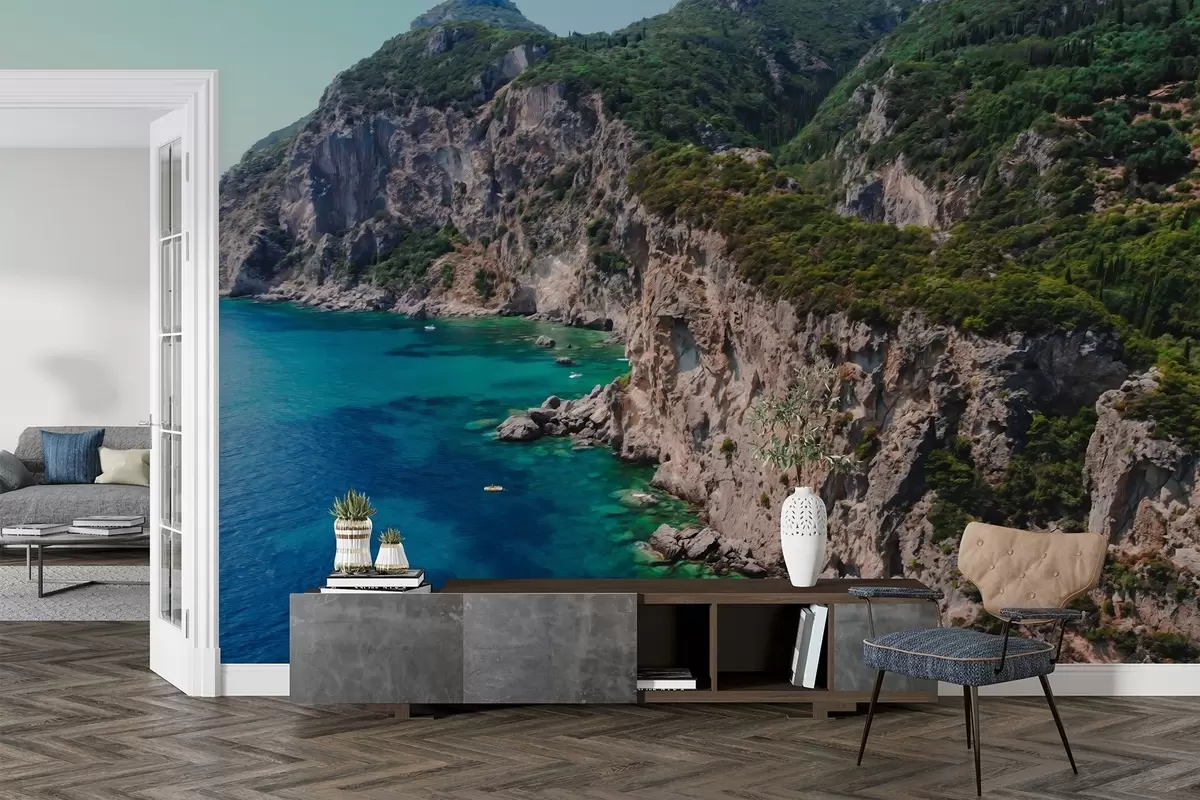 wall murals Стеновите планине близу мора, цртеж уљаним стилом, аквамарин вода w04096