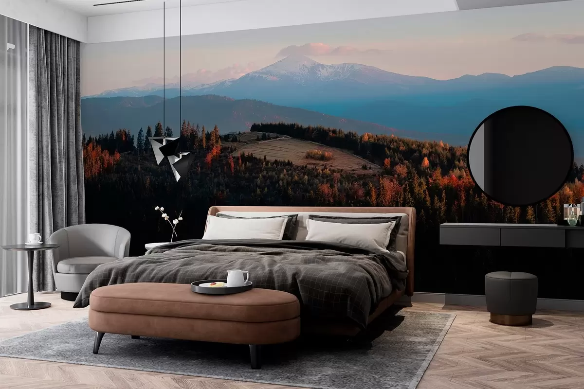 wall murals Карпати, текстура уљаног стила, јесења шума, небо са заласком сунца w04098