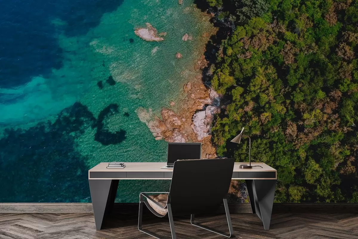 wall murals Шпанска морска обала са аквамаринском водом, боровом шумом, аерофотографијом w04099