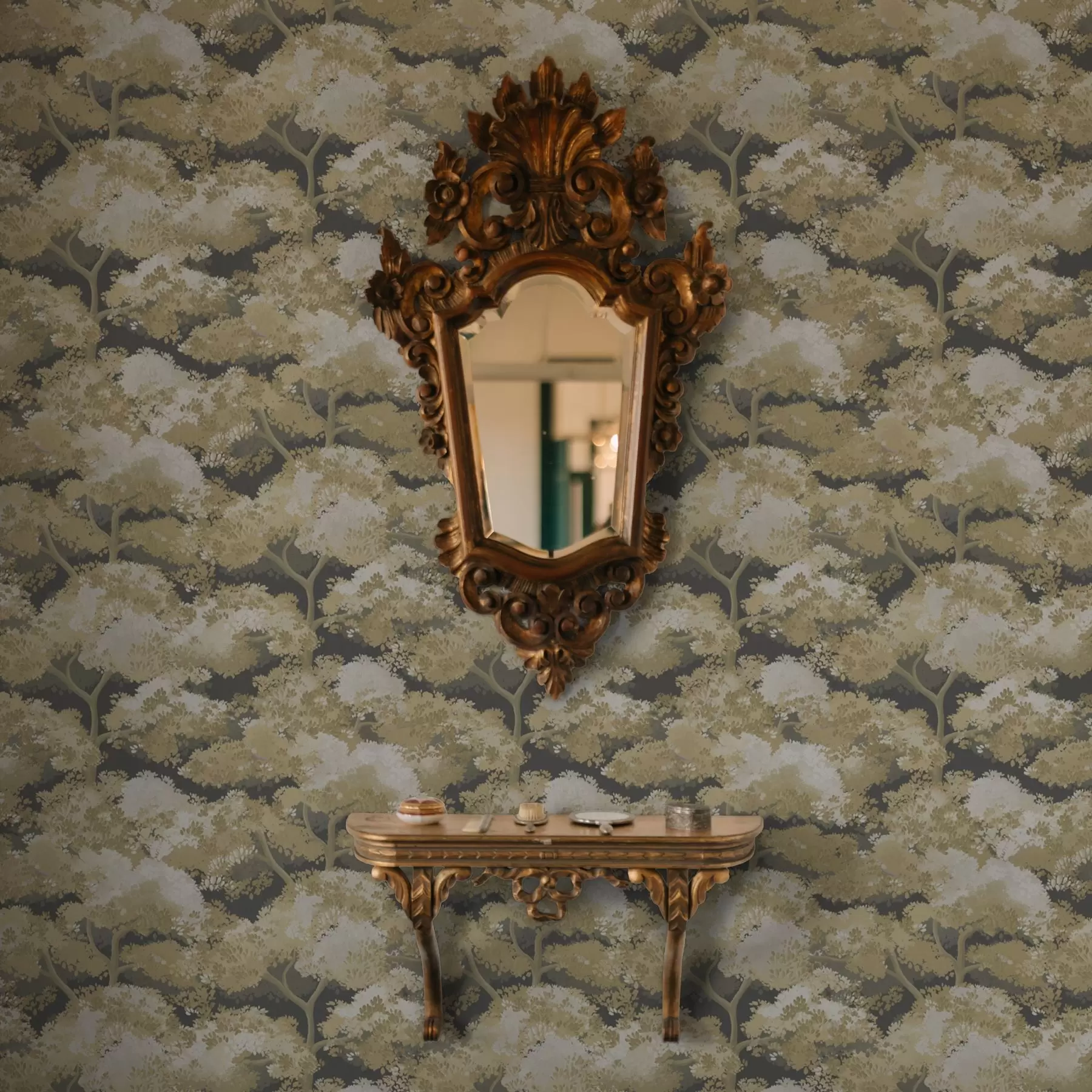 wall murals Тамни шумски узорак са дрвећем у топлим бојама a00170