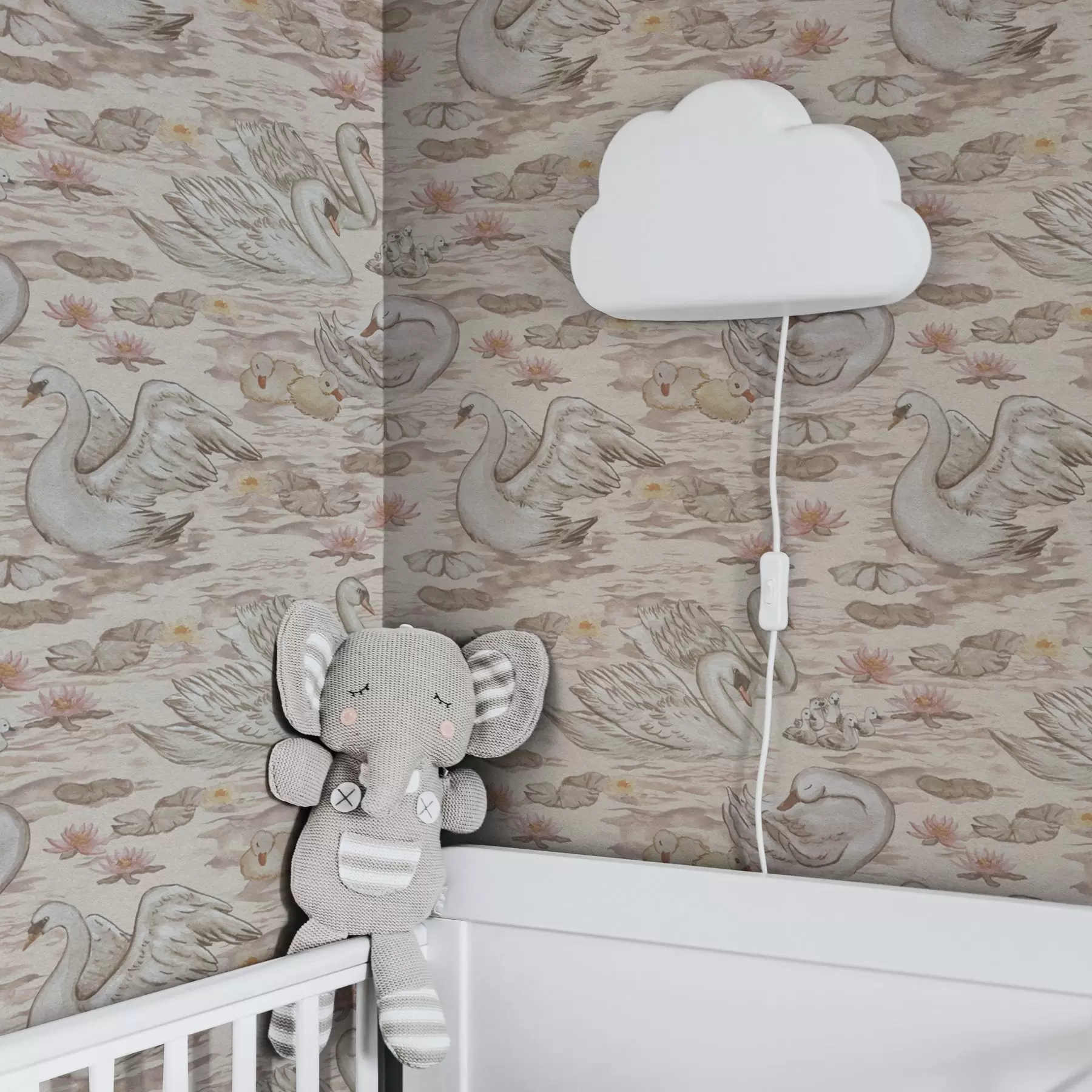 wall murals Лабудови са пилићима на ружичастој позадини са локвањама a00176