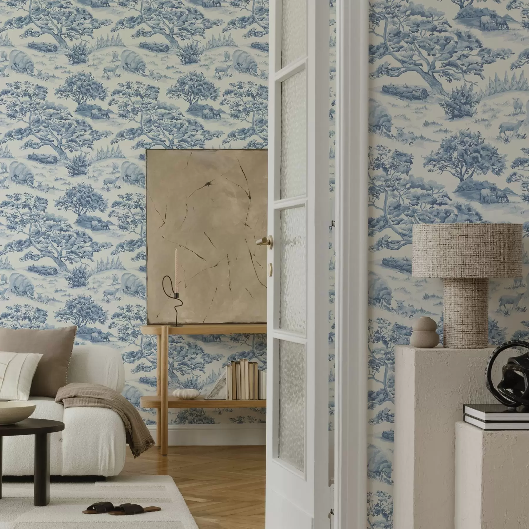 wall murals Сеоски пејзаж у плавим тоновима са овцама и дрвећем a00178