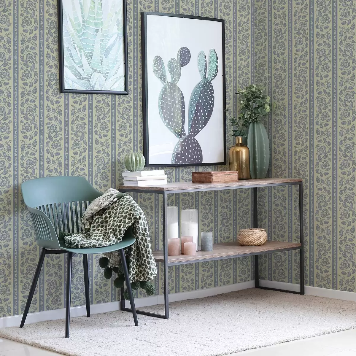 Позадина Пругасти цветни орнамент са жировима у плавим и беж тоновима a00181