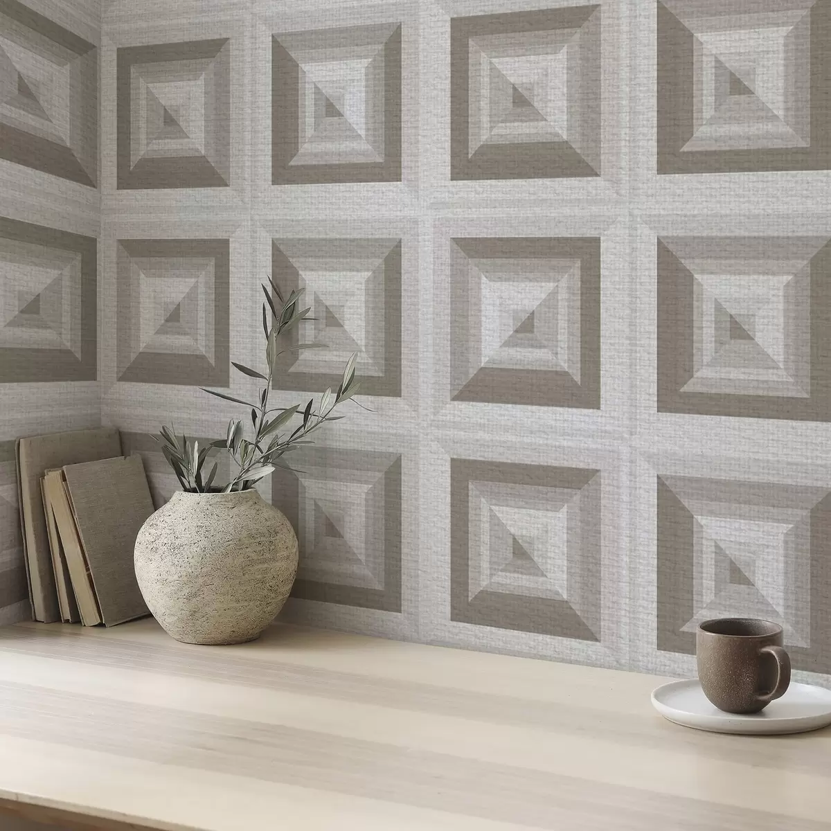 Позадина Геометријски тродимензионални узорак у сивој и беж боји a00187