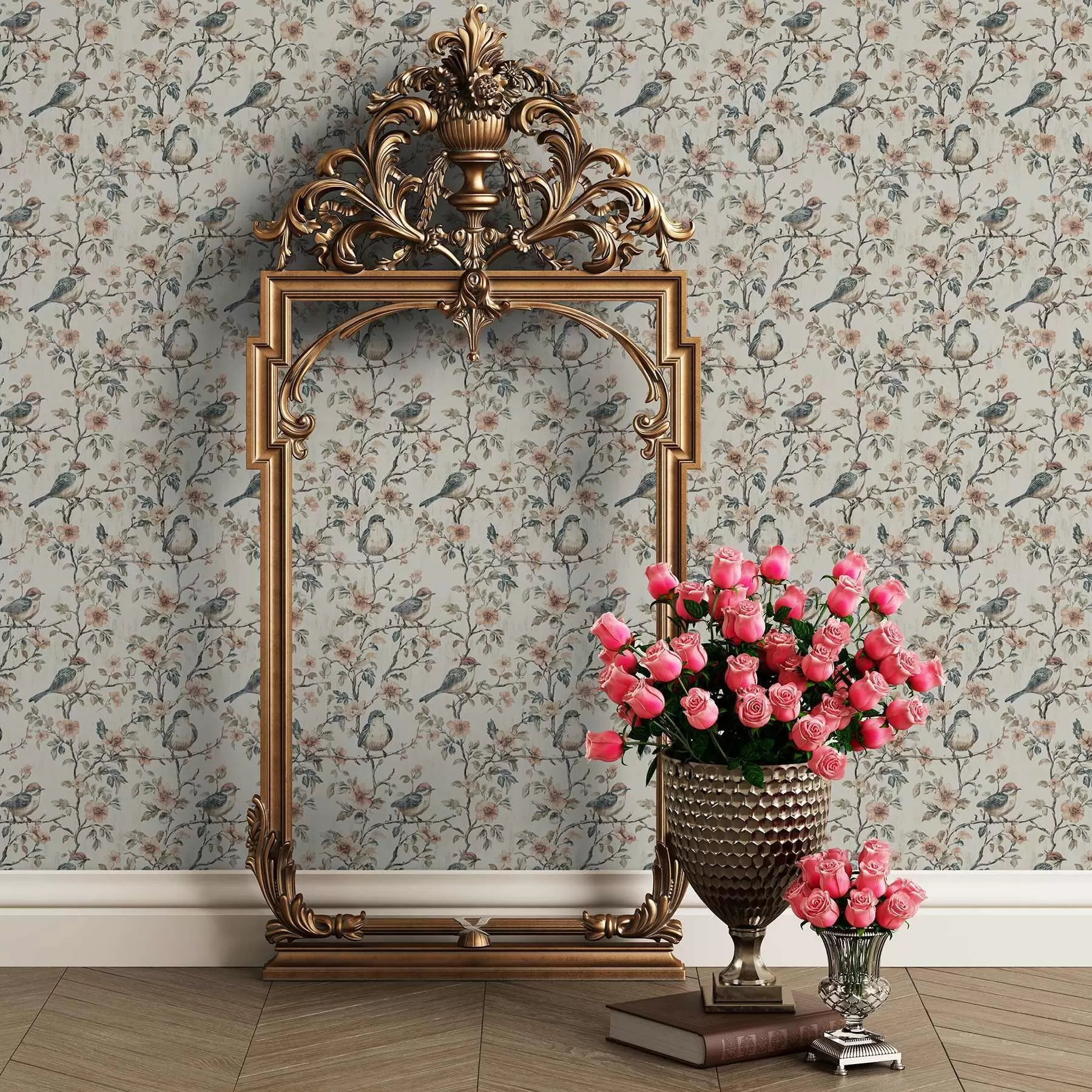 wall murals Птице на гранама са цвећем у ретро акварел стилу a00197