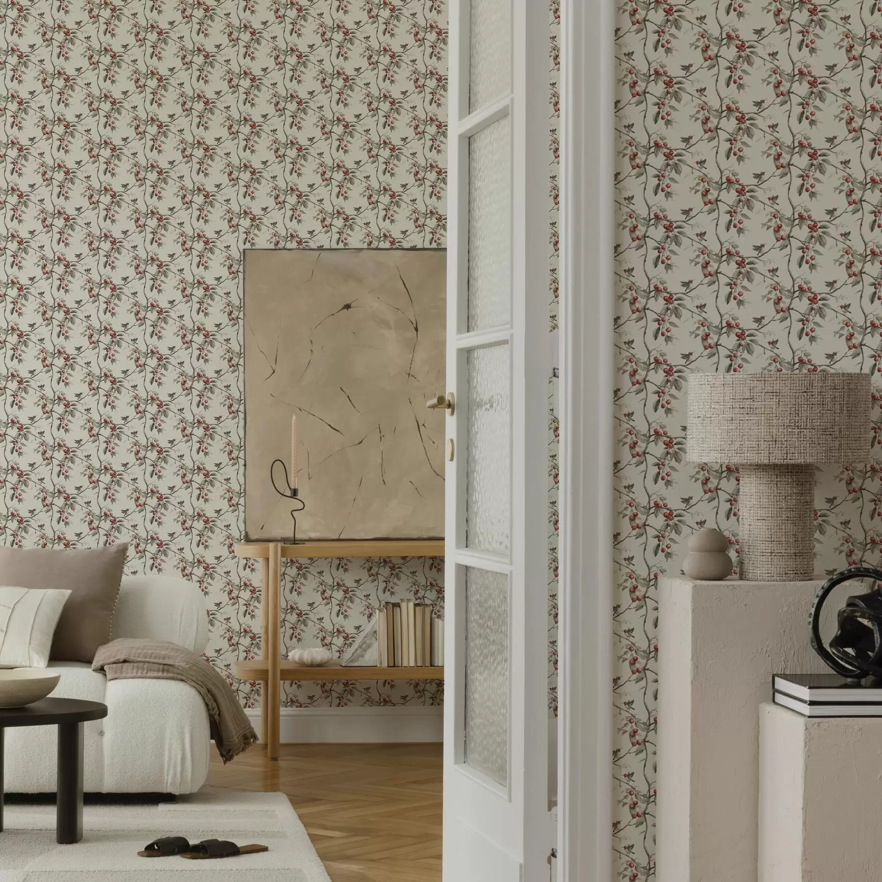 wall murals Птице међу гранама трешње са црвеним бобицама a00206