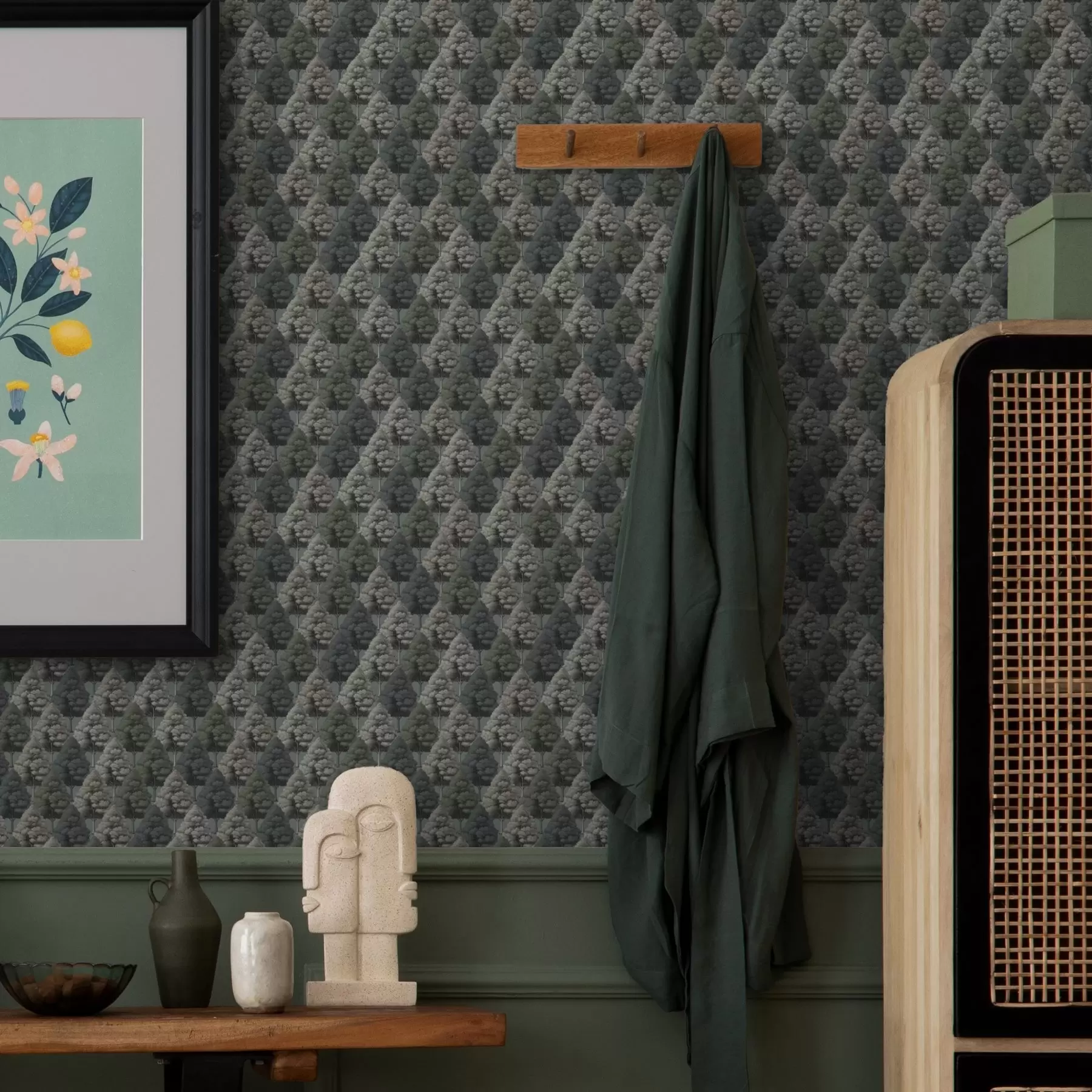 wall murals Геометријски шумски узорак са дрвећем у зеленим бојама a00209