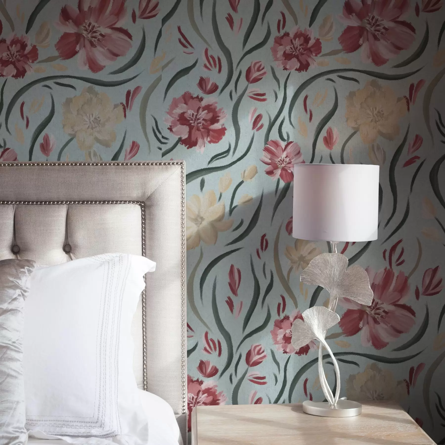 wall murals Акварелно цвеће на плавој позадини, црвени и беж узорак a00216