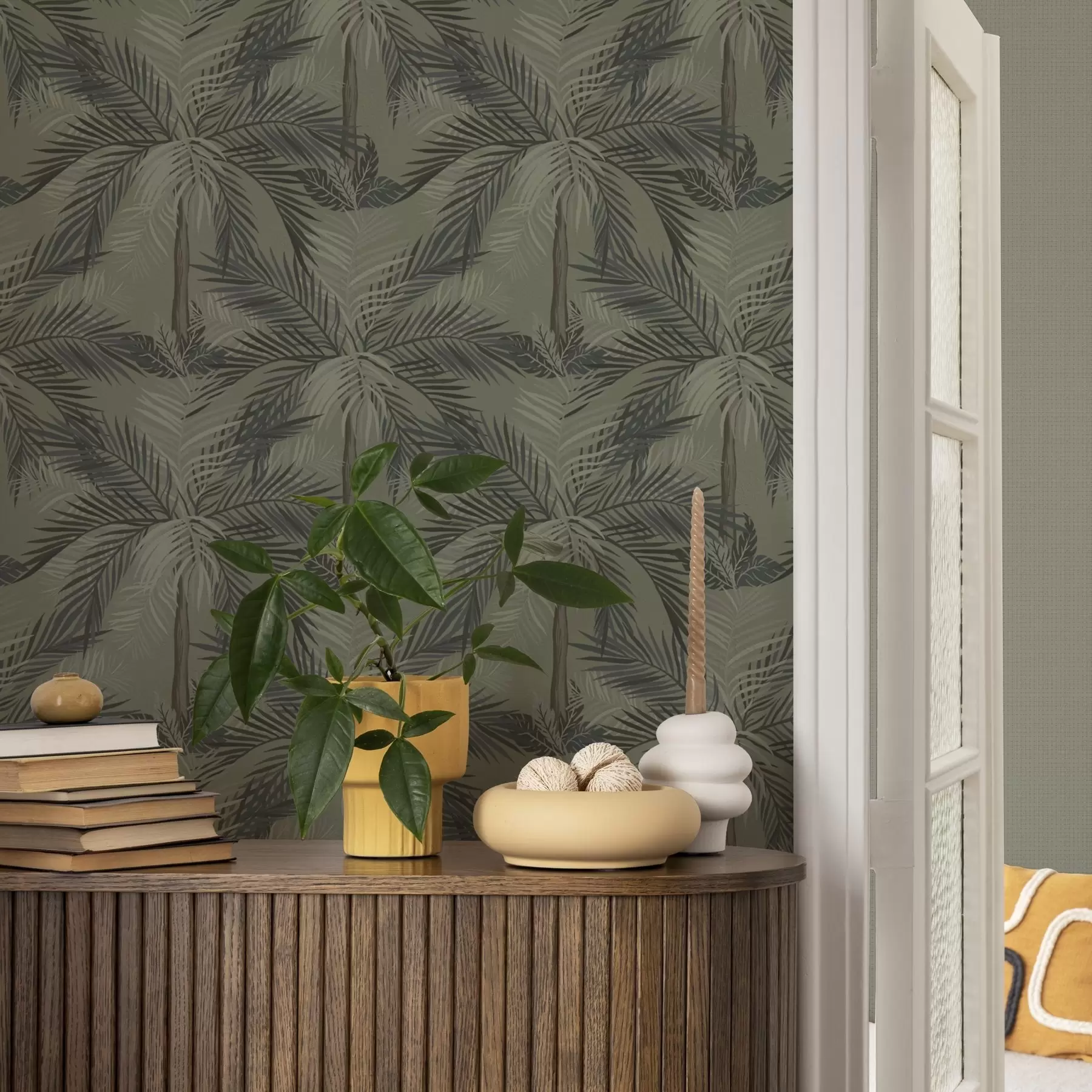 wall murals Палмино лишће на маслинастој позадини, џунгла, тропи a00217