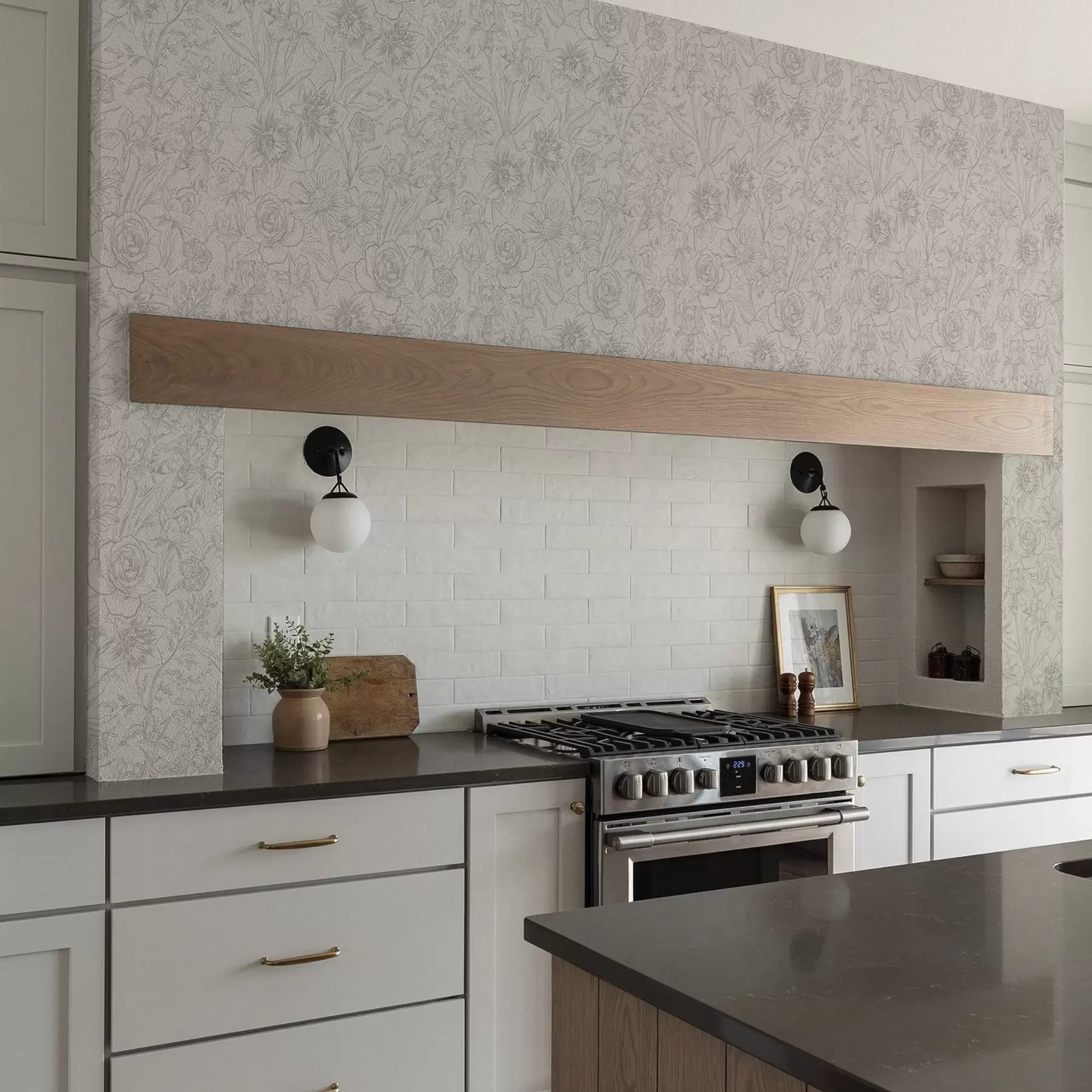 wall murals Контурно цвеће на кремастој позадини, нежни цветни узорак a00218