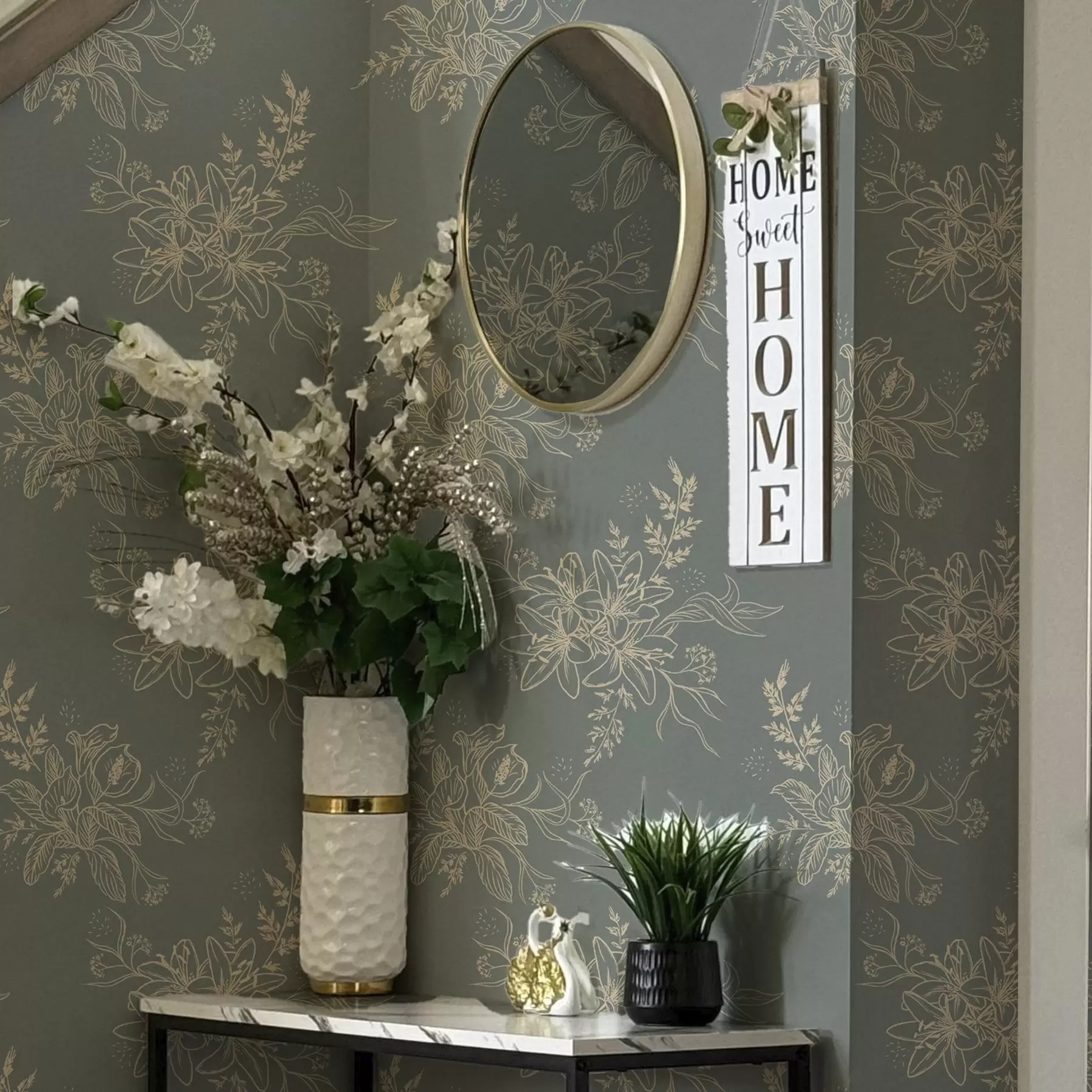 wall murals Контурно цвеће на плаво-сивој позадини, елегантан ботанички узорак a00226