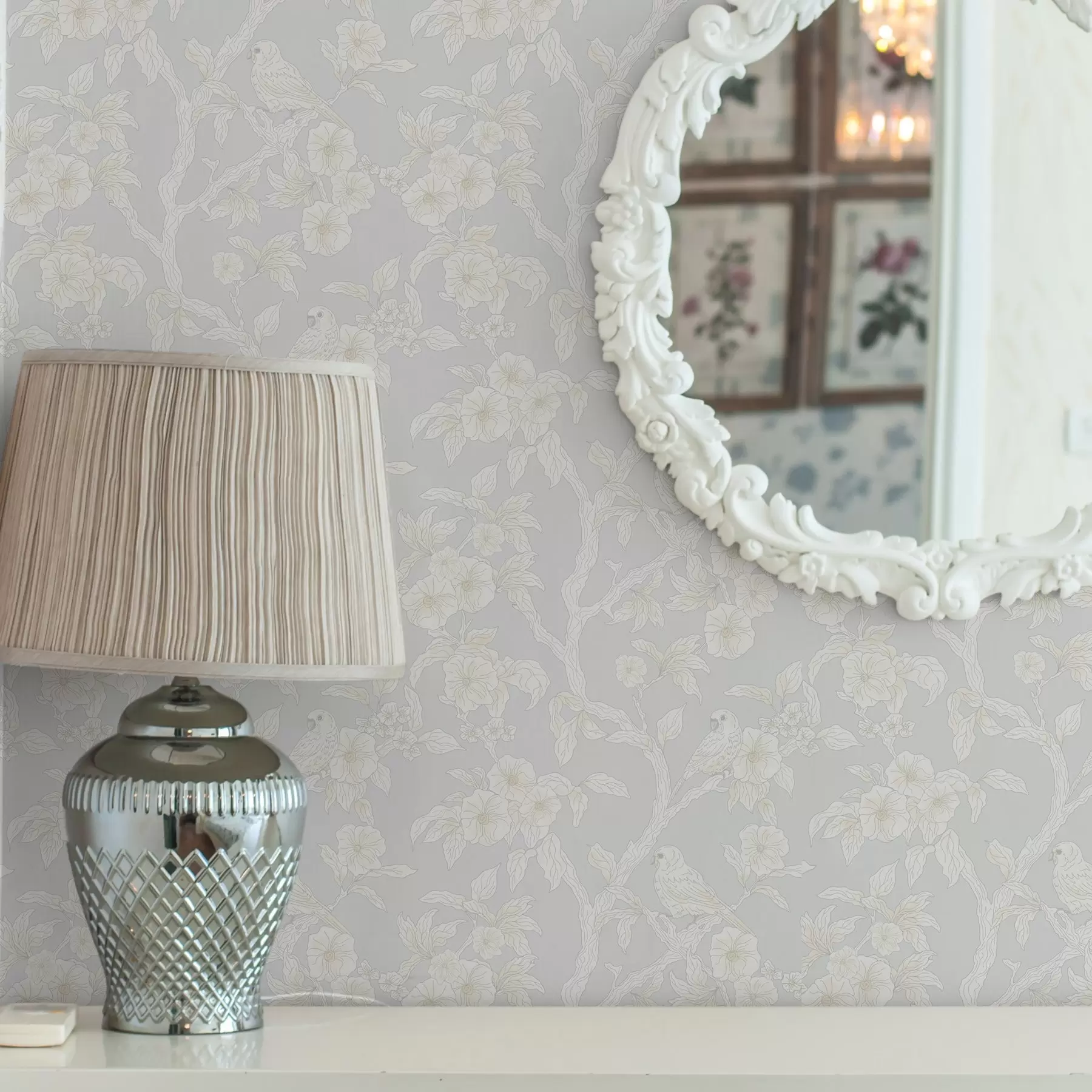 wall murals Светли узорак птица на гранама, пастелна палета, класично a00230