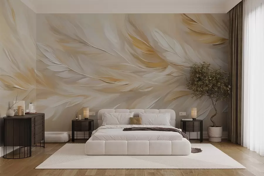 wall murals Бело и беж перје распоређено у течном отиску, мека текстура, топла палета боја, апстрактна позадина w09191