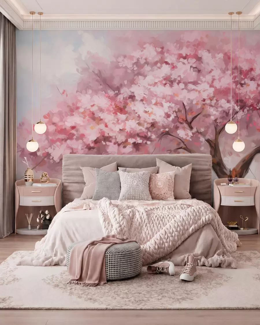 wall murals Апстрактно ружичасто дрво у пуном цвету, поред реке, меки текстурирани потези четкицом и пастелне боје w09193