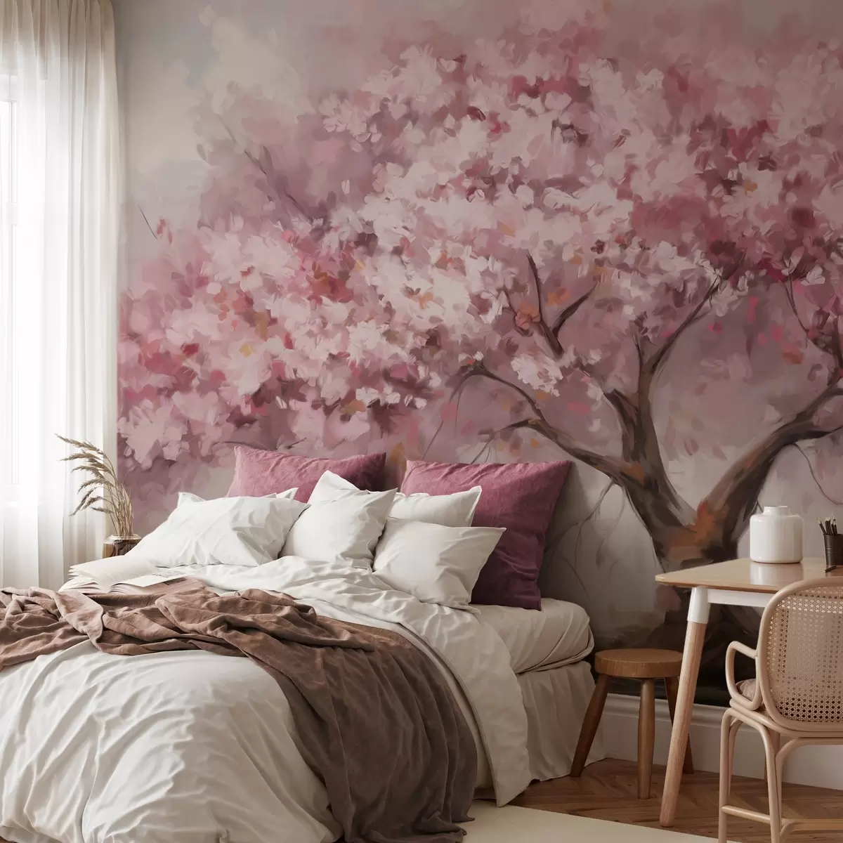 wall murals Апстрактно ружичасто дрво у пуном цвету, поред реке, меки текстурирани потези четкицом и пастелне боје w09193