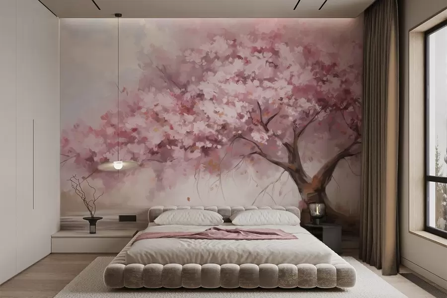wall murals Апстрактно ружичасто дрво у пуном цвету, поред реке, меки текстурирани потези четкицом и пастелне боје w09193