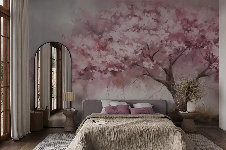 wall murals Апстрактно ружичасто дрво у пуном цвету, поред реке, меки текстурирани потези четкицом и пастелне боје w09193
