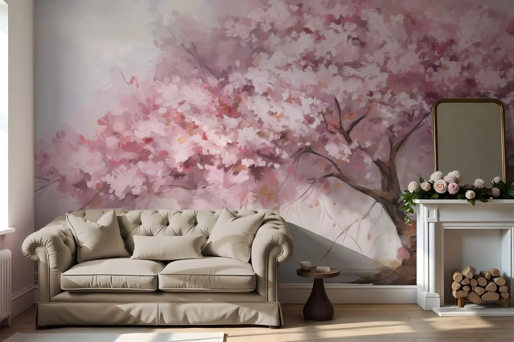 wall murals Апстрактно ружичасто дрво у пуном цвету, поред реке, меки текстурирани потези четкицом и пастелне боје w09193
