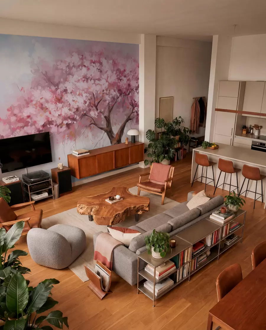 wall murals Апстрактно ружичасто дрво у пуном цвету, поред реке, меки текстурирани потези четкицом и пастелне боје w09193