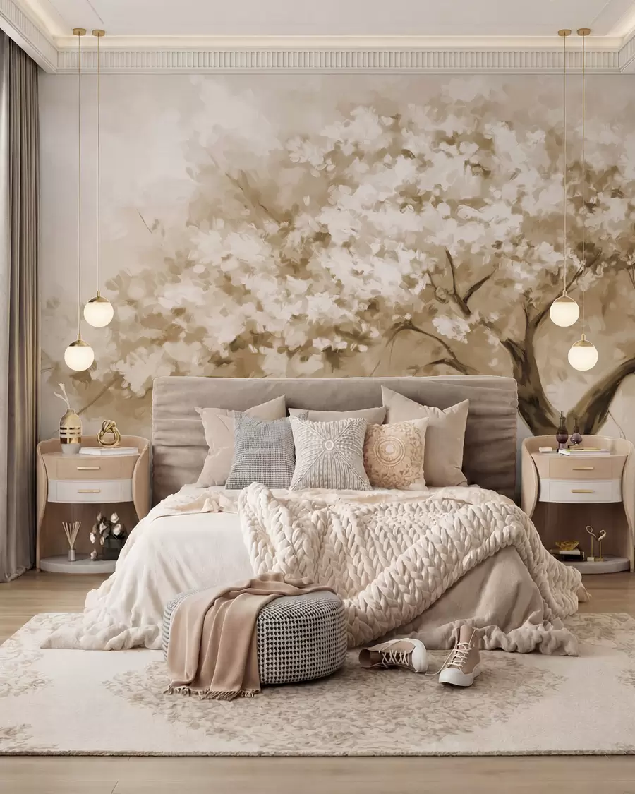 wall murals Апстрактно беж дрво у пуном цвету, поред реке, меки текстурирани потези четкицом и пастелне боје w09193v1