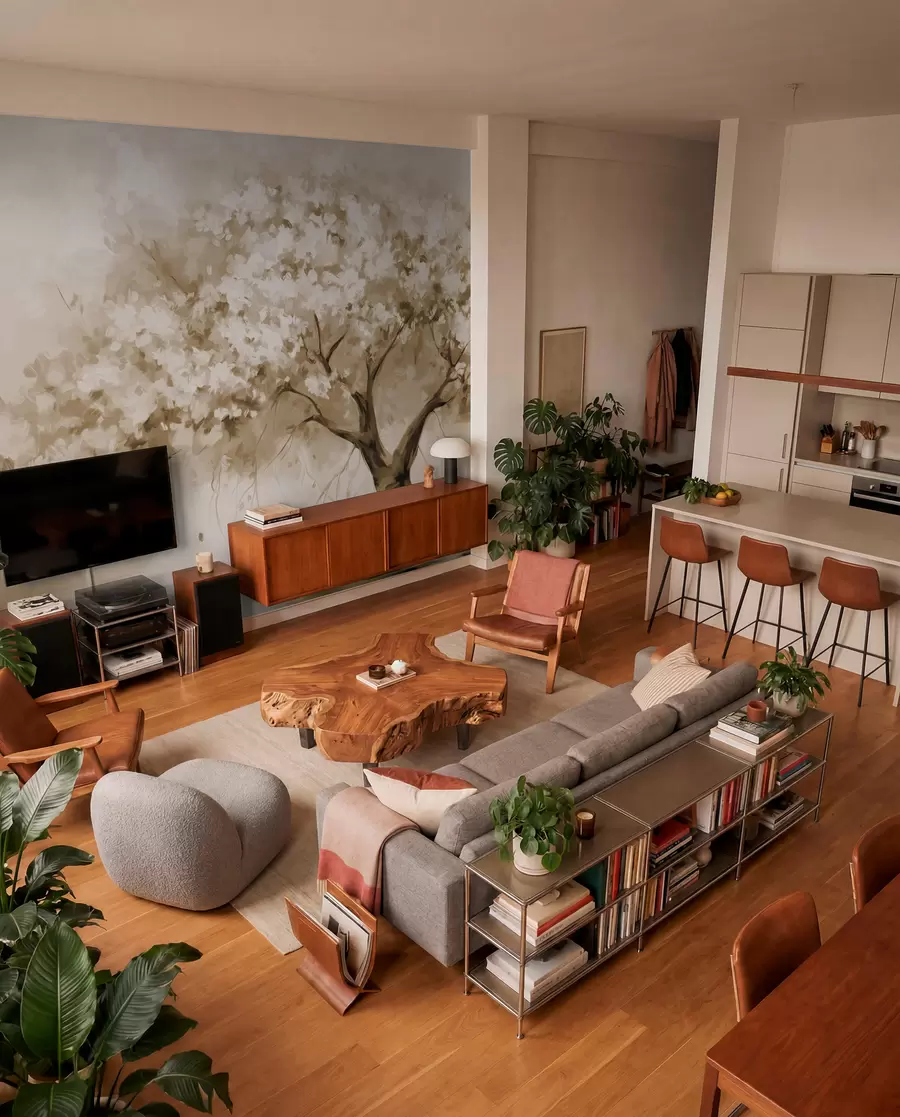 wall murals Апстрактно беж дрво у пуном цвету, поред реке, меки текстурирани потези четкицом и пастелне боје w09193v1