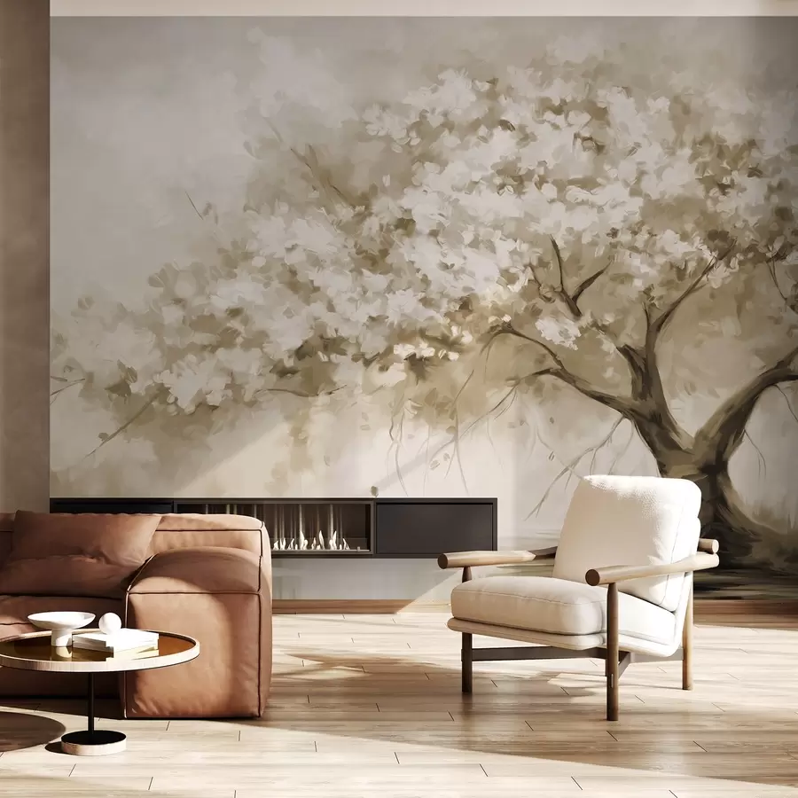 wall murals Апстрактно беж дрво у пуном цвету, поред реке, меки текстурирани потези четкицом и пастелне боје w09193v1