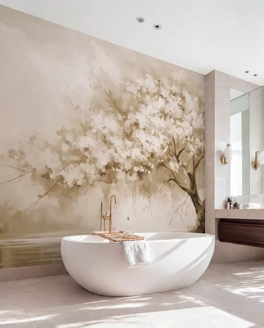 wall murals Апстрактно беж дрво у пуном цвету, поред реке, меки текстурирани потези четкицом и пастелне боје w09193v1