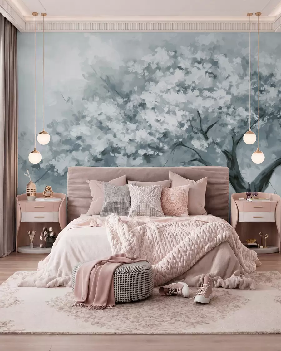 wall murals Апстрактно пригушено плаво дрво у пуном цвету, поред реке, меки текстурирани потези четкицом и пастелне боје w09193v2