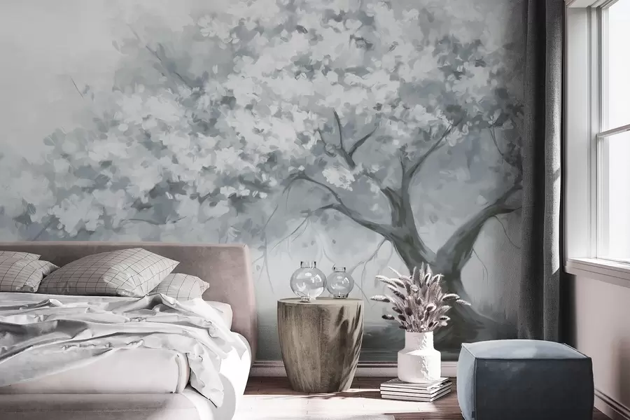 wall murals Апстрактно пригушено плаво дрво у пуном цвету, поред реке, меки текстурирани потези четкицом и пастелне боје w09193v2