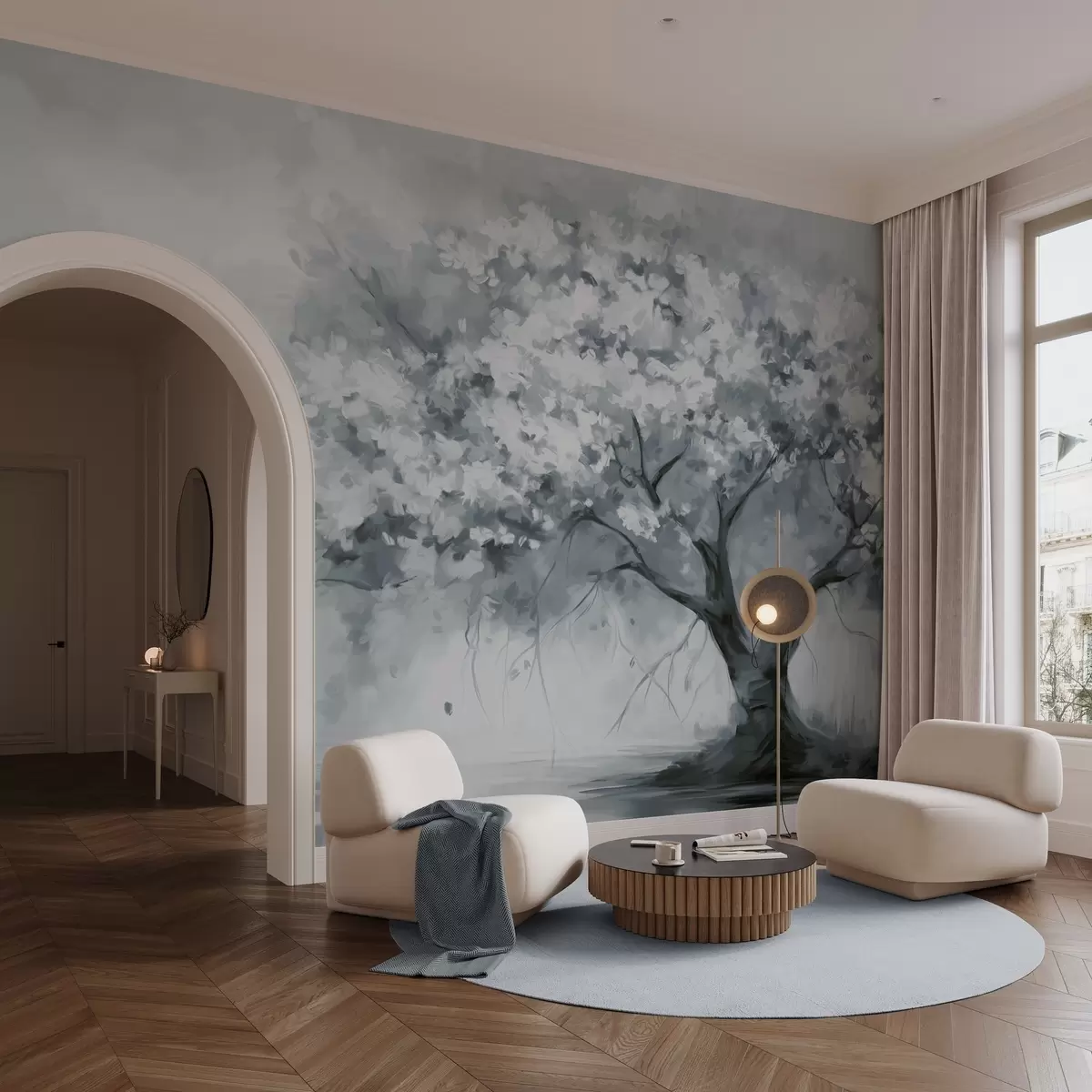 wall murals Апстрактно пригушено плаво дрво у пуном цвету, поред реке, меки текстурирани потези четкицом и пастелне боје w09193v2