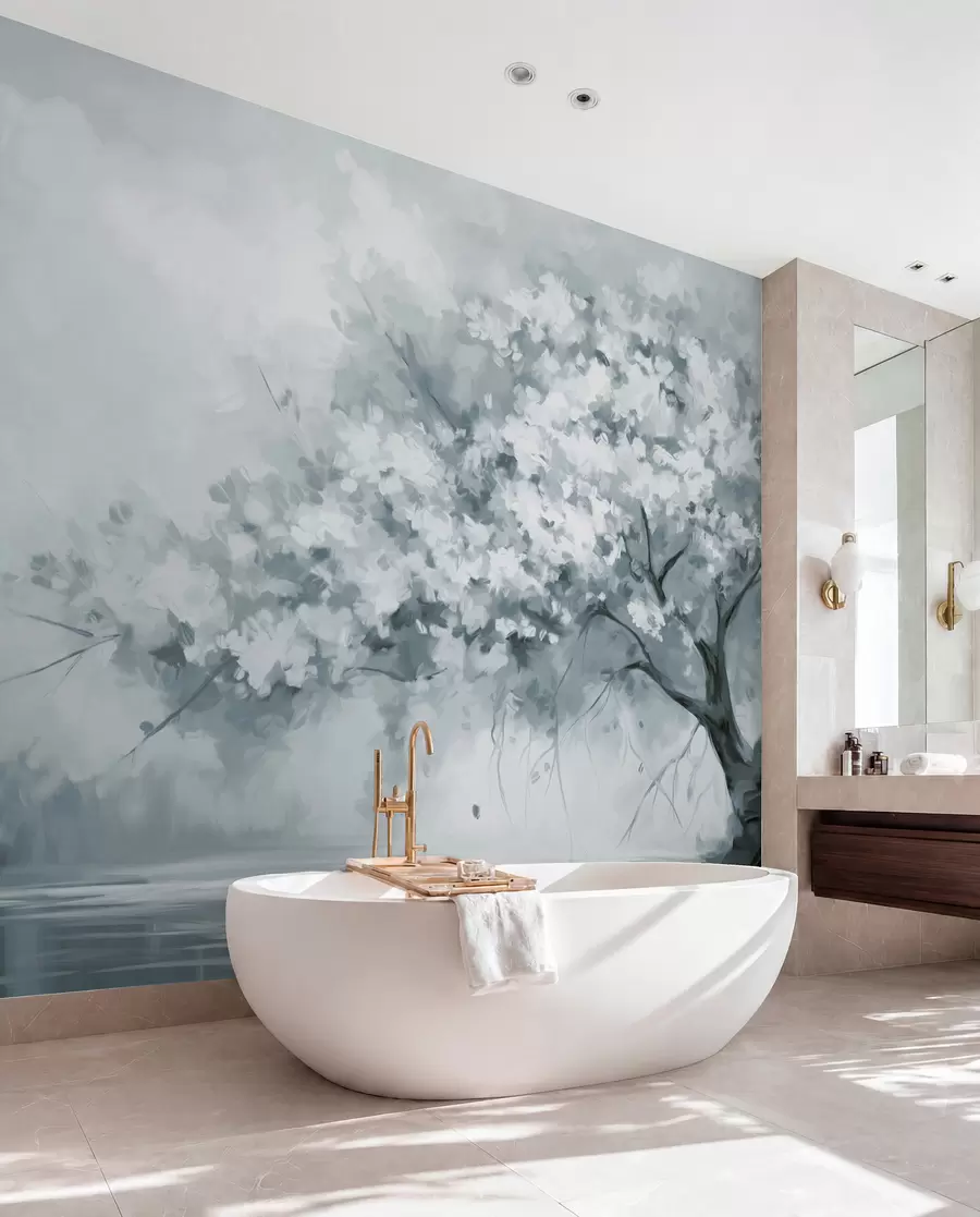 wall murals Апстрактно пригушено плаво дрво у пуном цвету, поред реке, меки текстурирани потези четкицом и пастелне боје w09193v2