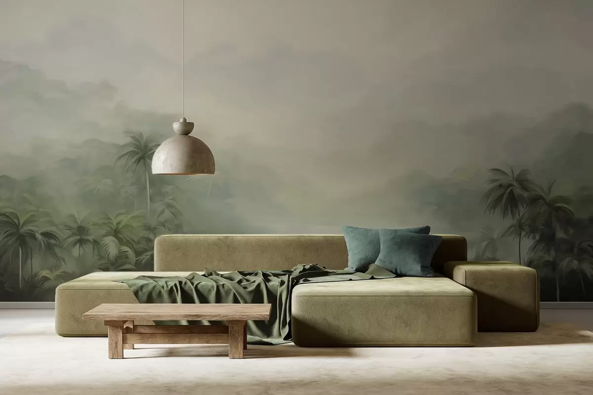 wall murals Гунгл пејзаж са бујним зеленим палмама и валовитим брдима, меке пастелне боје, имитација текстурираног сликања w09194