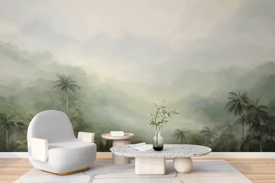 wall murals Гунгл пејзаж са бујним зеленим палмама и валовитим брдима, меке пастелне боје, имитација текстурираног сликања w09194