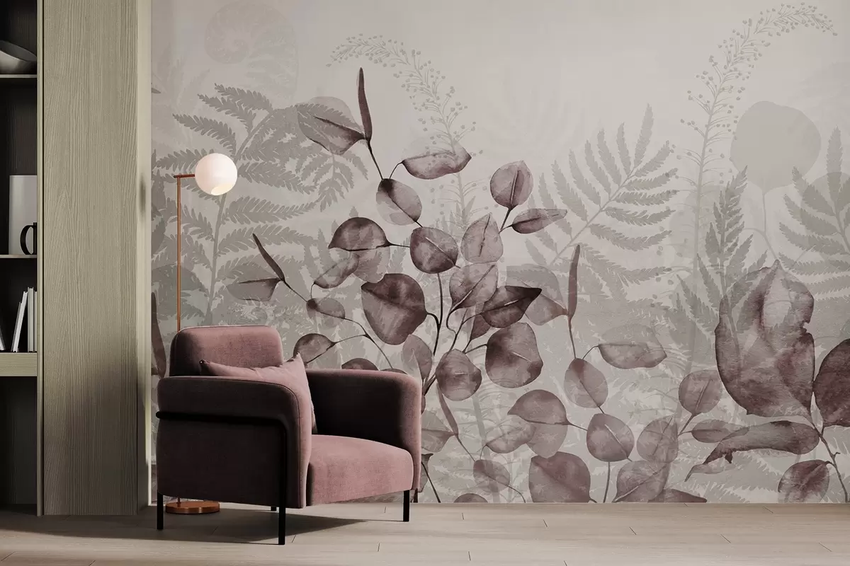 wall murals Листови еукалиптуса и папрати у нијансама бордо и сиве, ефекат акварела, ботаничка илустрација w09197v1