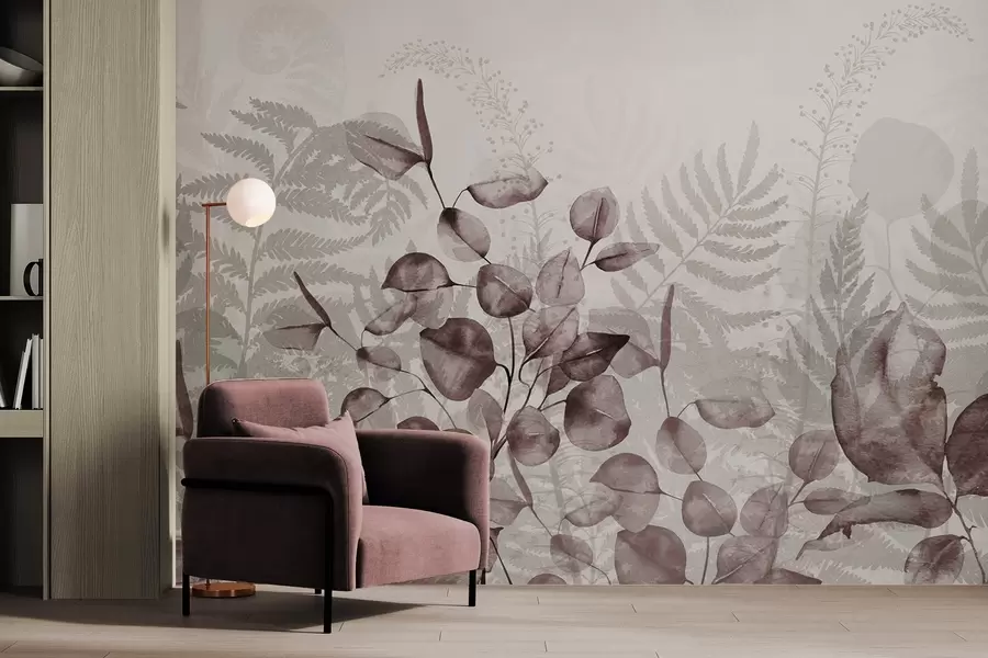 wall murals Листови еукалиптуса и папрати у нијансама бордо и сиве, ефекат акварела, ботаничка илустрација w09197v1