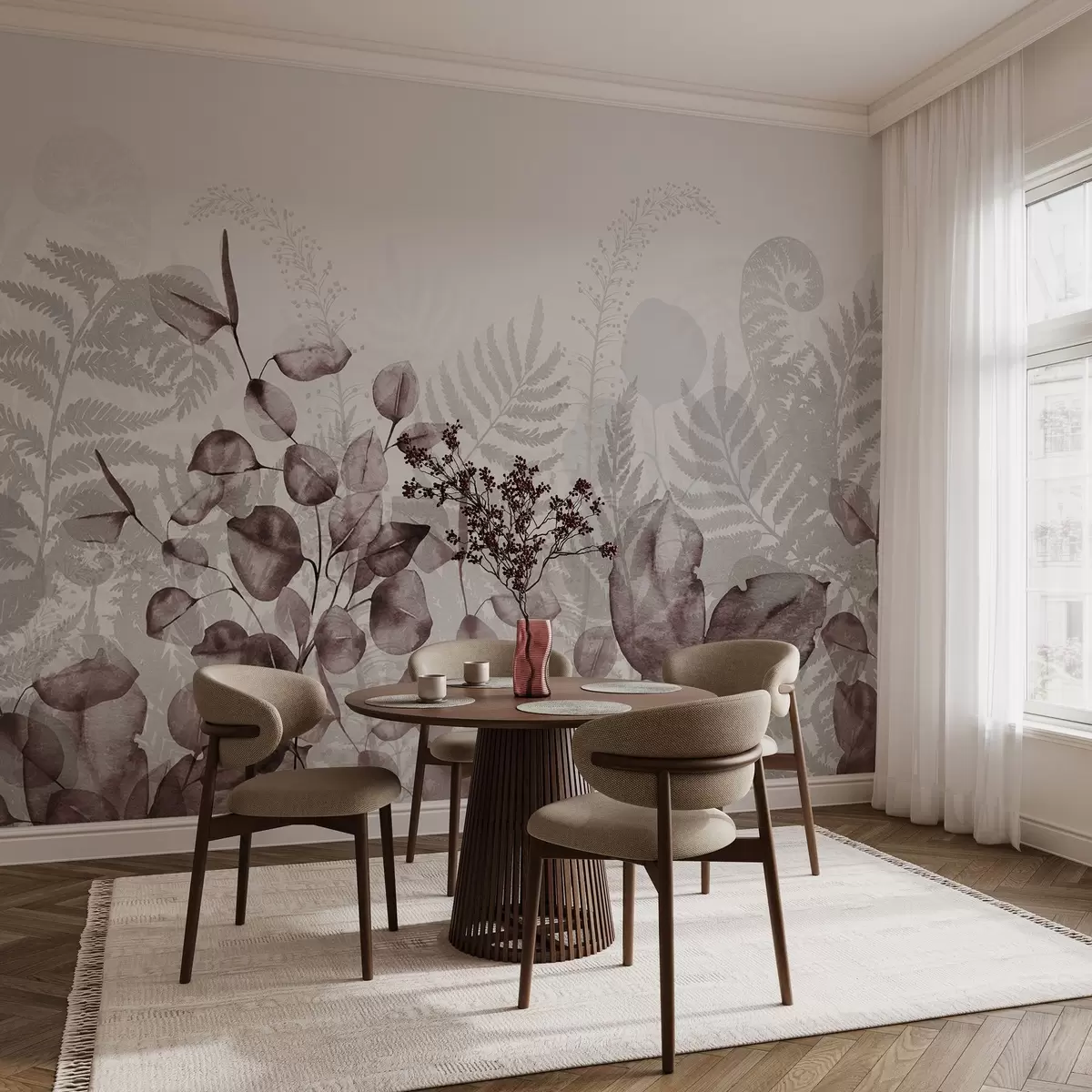 wall murals Листови еукалиптуса и папрати у нијансама бордо и сиве, ефекат акварела, ботаничка илустрација w09197v1