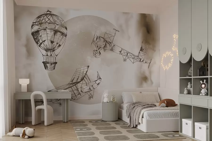 wall murals Ретро авиони на позадини месеца и облака w04085v1