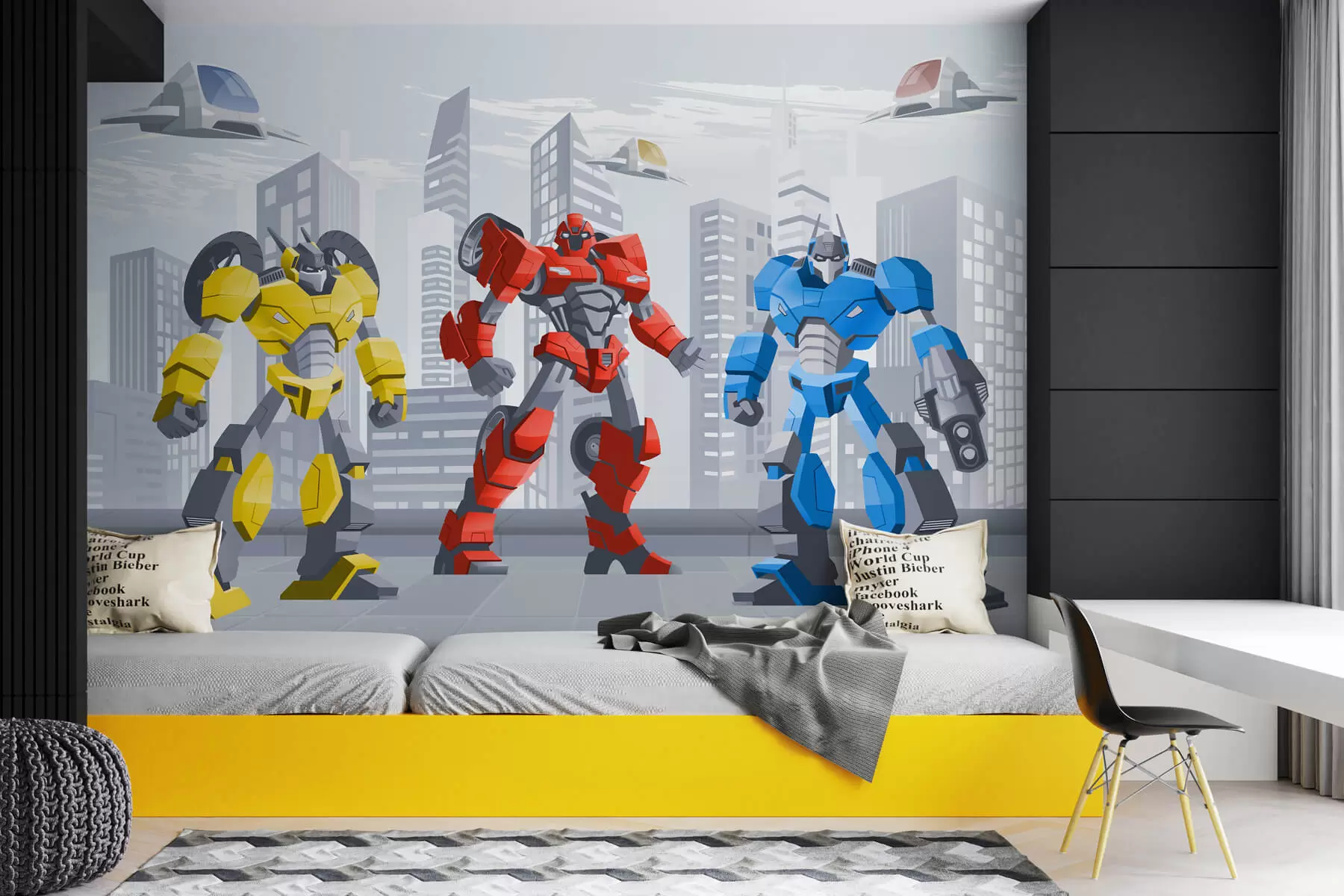 wall murals Трансформерски роботи на позадини монохроматског града w04012