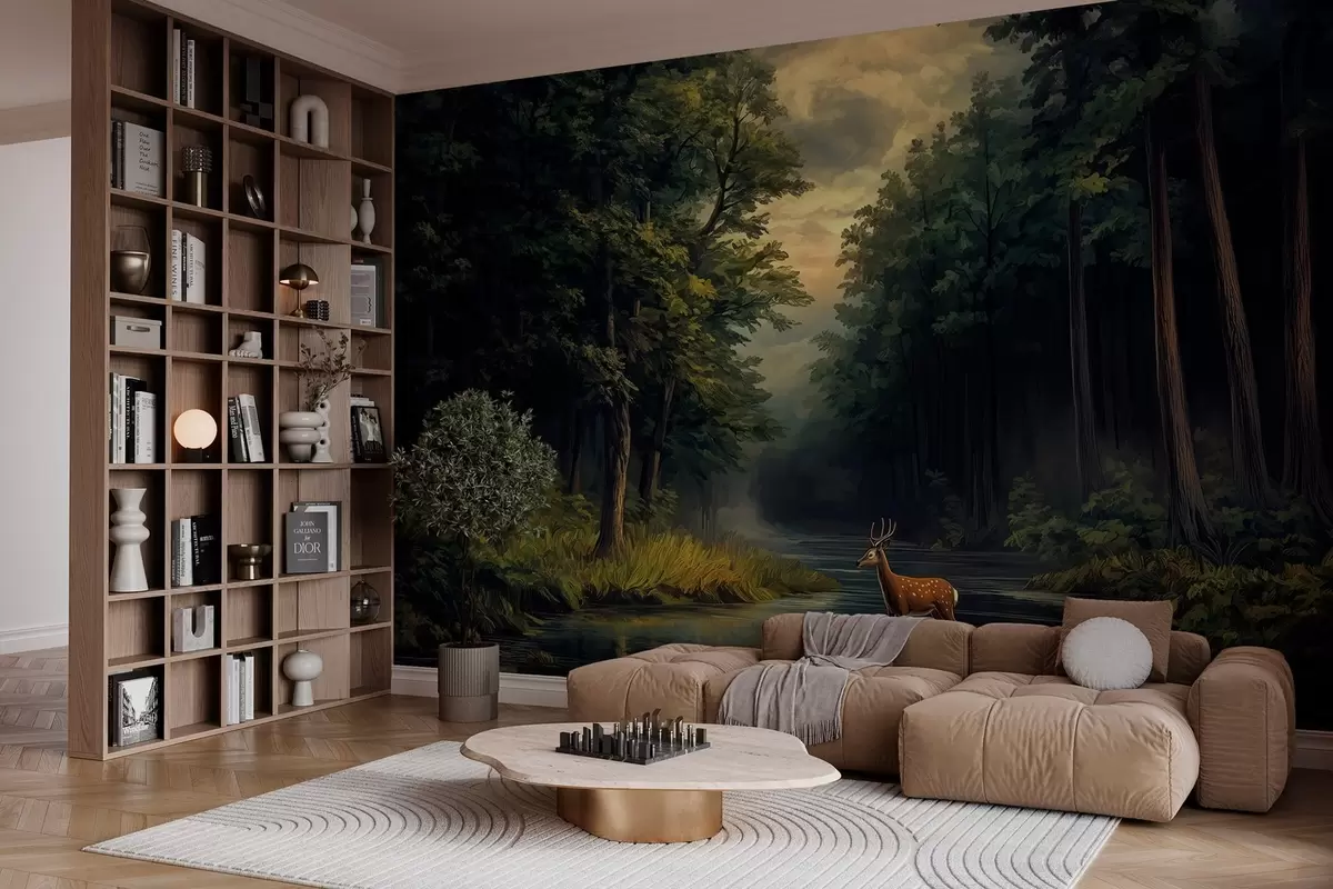 wall murals Шума са јеленима и реком у стилу холандског уљаног сликарства w04072