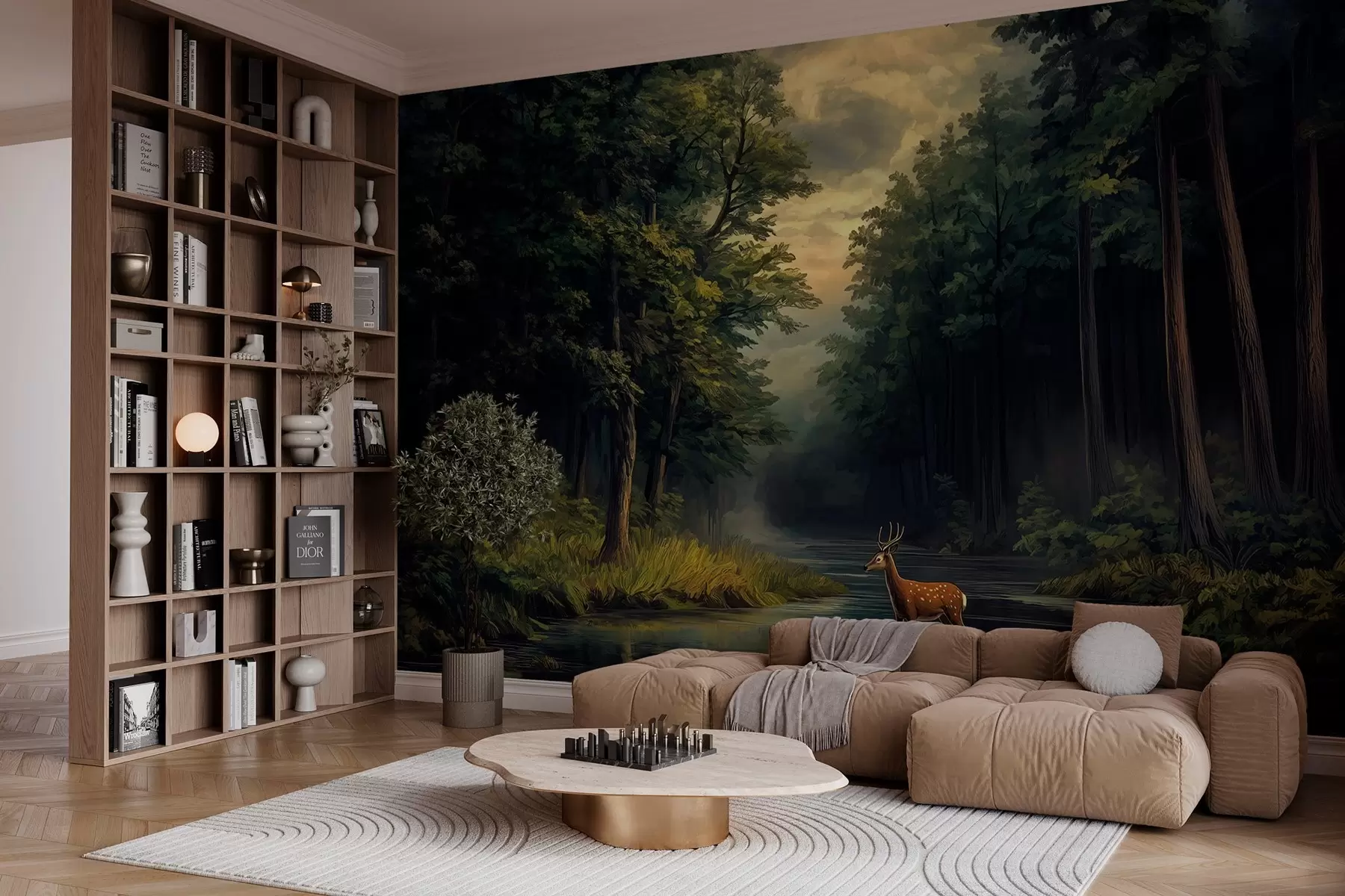 wall murals Шума са јеленима и реком у стилу холандског уљаног сликарства w04072