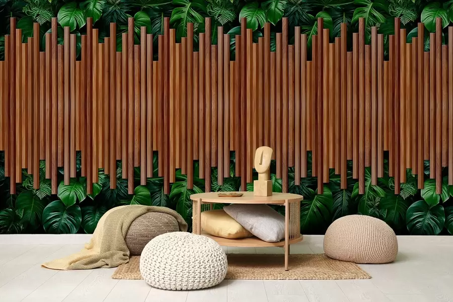 wall murals Имитација дрвених панела и зеленог зида w04138