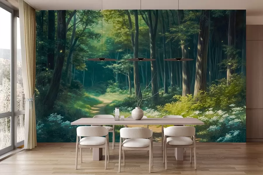 wall murals Зелена шума са нежном сунчевом светлошћу, дрвећем и белим цвећем, цртеж уљаним стилом w04118