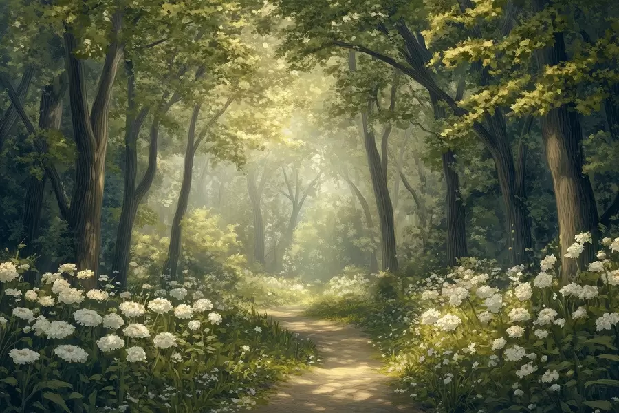 wall murals Стаза у зеленој шуми, бело цвеће, сунчева светлост, цртеж у акрилном стилу w04119